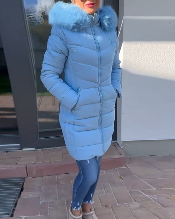 Ensfarvet vatteret jakke med lynlås og pelskrave