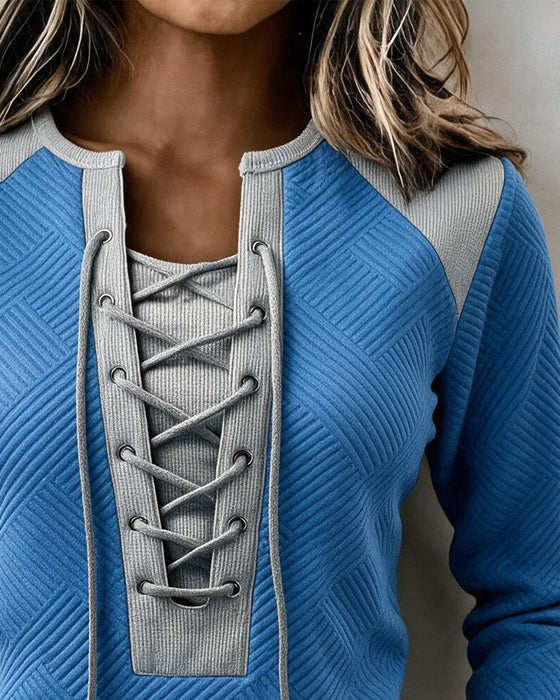 Sweatshirt Snøring Ribbet Farveblok Slim Pasform