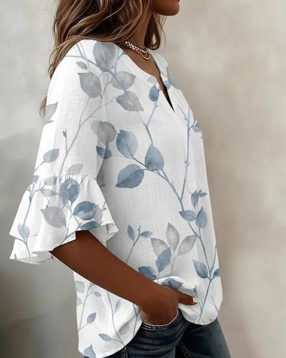 Bluse Flutter Flare Ærme Blad Tryk