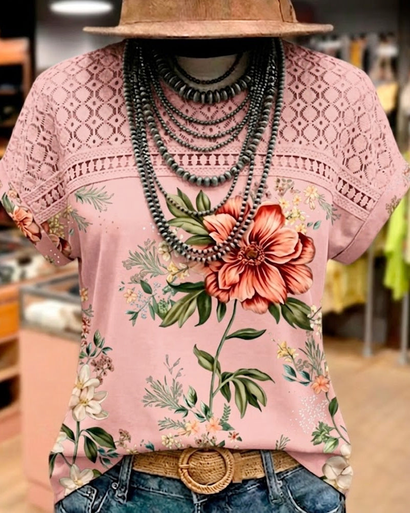 T-Shirt Udskæring Patchwork Kort Ærme