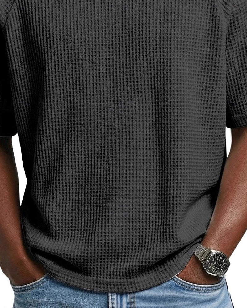 Herre V-Hals T-Shirt I Waffelstruktur, Afslappet Kortærmet Top I Ensfarvet