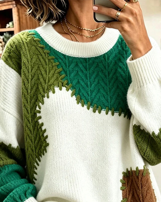 Pullover Rund Hals Kontrasterende Skrå Skulder Patchwork