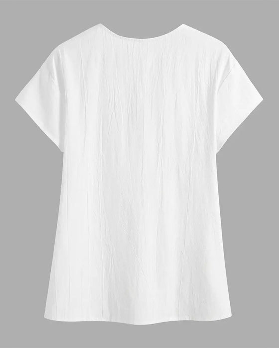 Bluse Krave Ensfarvet Knap Korte Ærmer