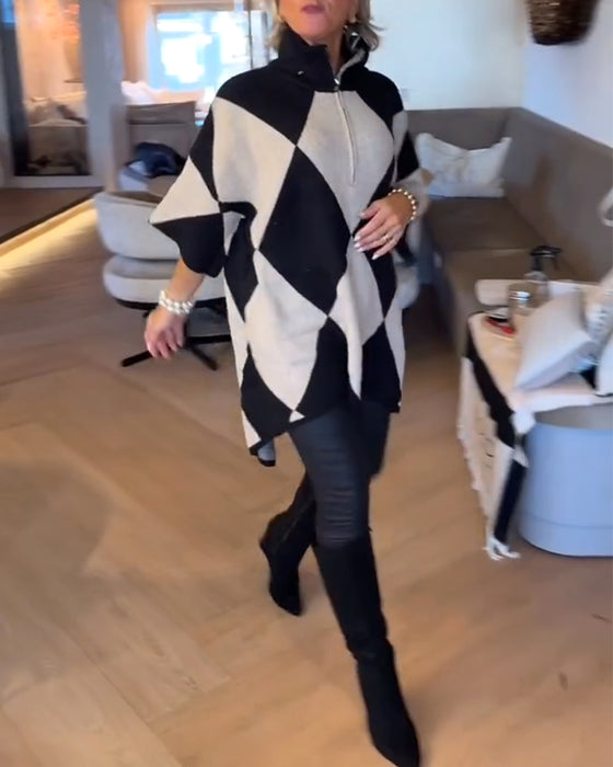 Sweater Stående Krave Argyle Uregelmæssig