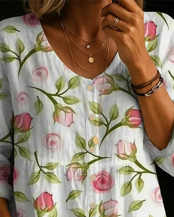 Bluse Blomsterprint Løs