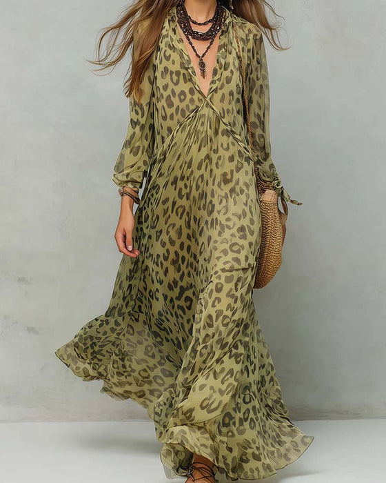 Kjole V-Hals Lang Ærme Leopard Maxi