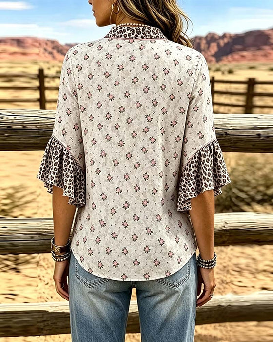 Bluse V-Hals Leopardmønster Blomstret Patchwork Rysjer