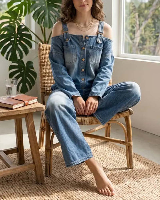 Jumpsuit Spagettibånd Kold Skulder Bred Ben Denim