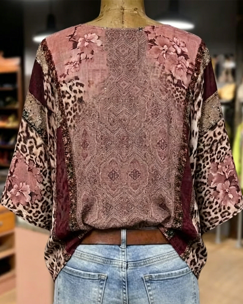 Bluse V-Hals Lygte Ærme Leopard