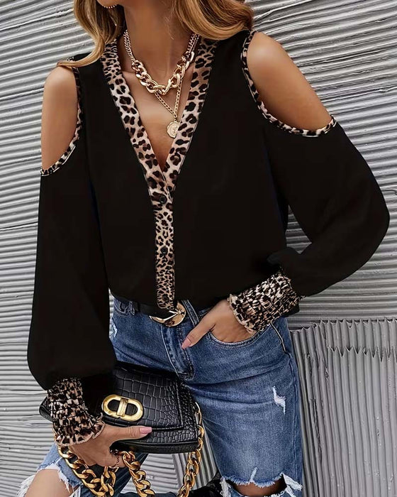 Bluse Off-Skulder Leopard Patchwork Lang Ærme