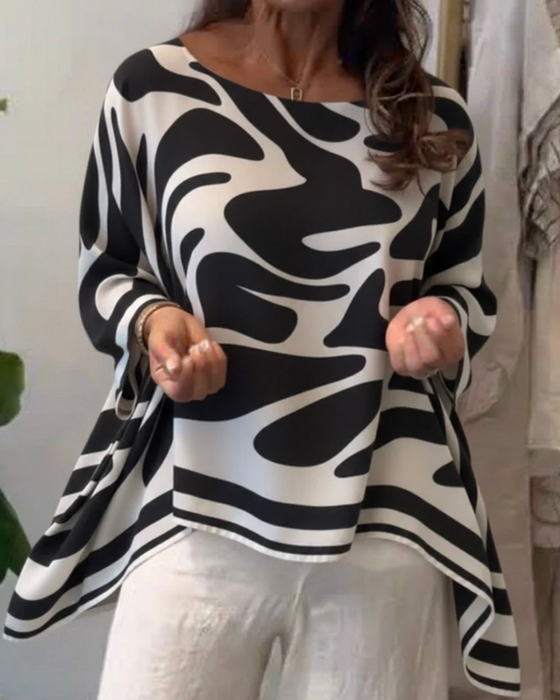 Bluse Zebramønster Flagermusærmer Rund Hals