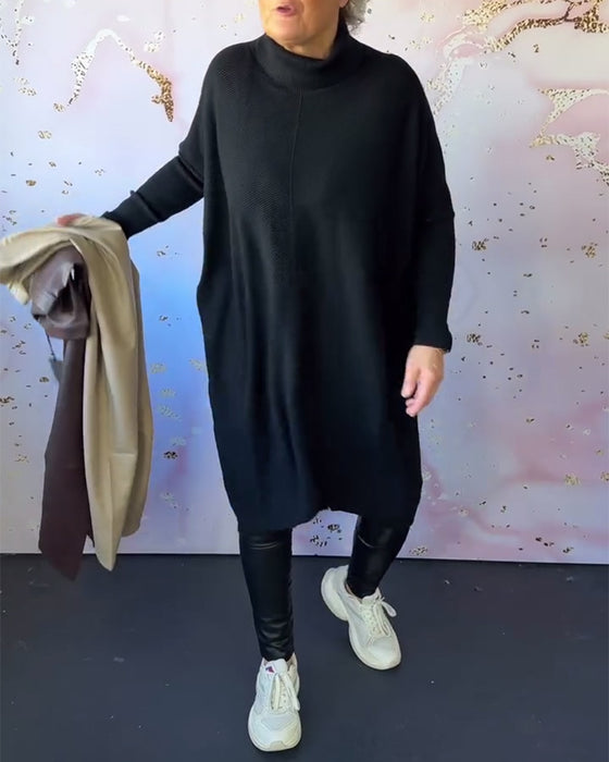 Afslappet ensfarvet langærmet pullover med høj krave