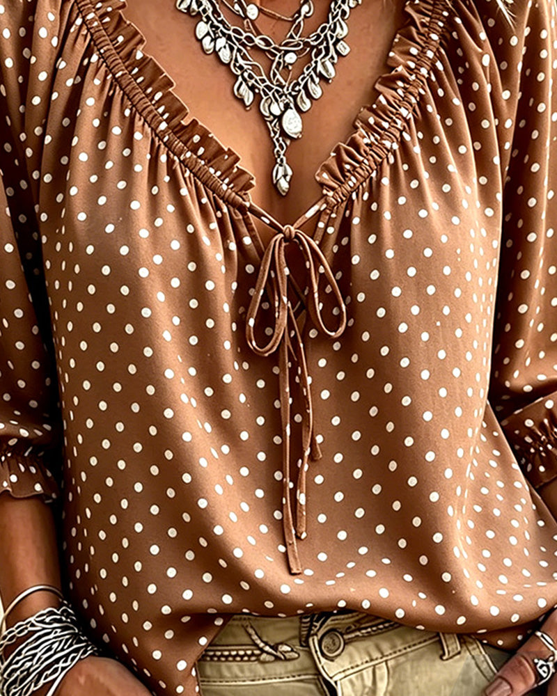Bluse V-Hals Ruffle Polka Dot Bindebånd