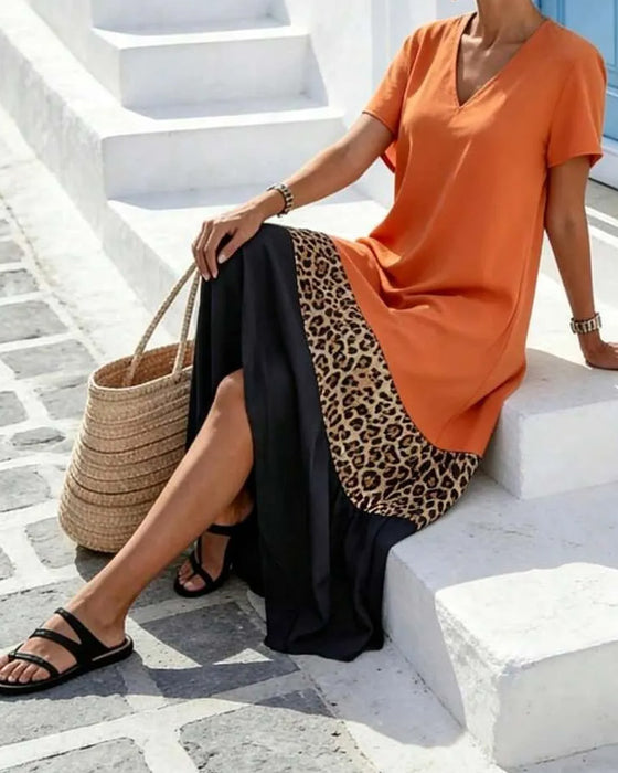 Maxi-Kjole V-Hals Farveblok Patchwork Leopard