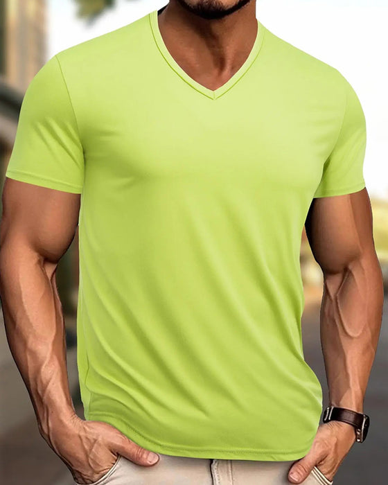 T-Shirt Ensfarvet V-Hals Afslappet Herre
