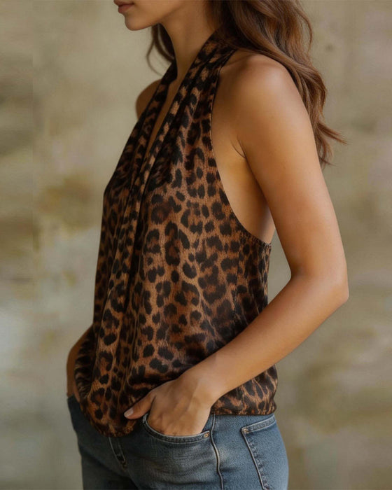 Bluse V-Hals Halter Leopard Ærmeløs