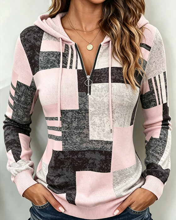 Hoodie Halv-Zip Casual Kontrast Rutemønster