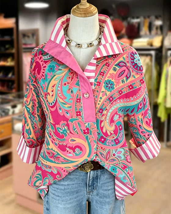 Bluse Patchwork Blomstrende Tryk Casual