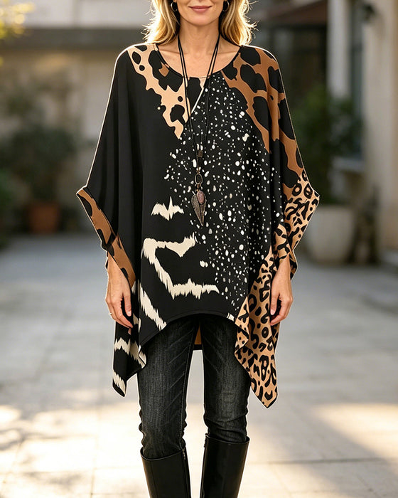 Bluse Rund Hals Leopardmønster Pailletter Patchwork