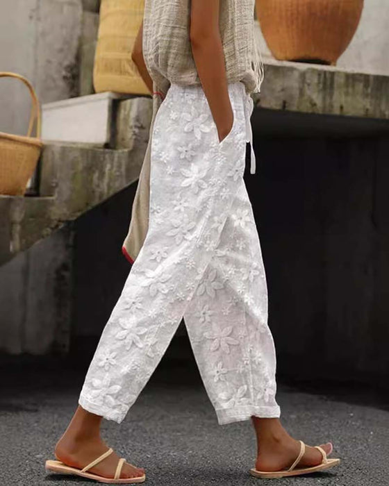 Blomsterbroderede hvide bukser med snøre