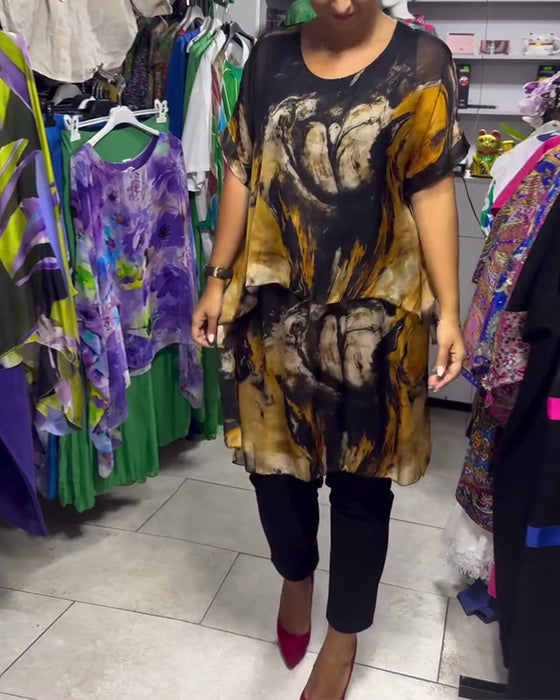 Top Rund Hals Løs Casual Trykt