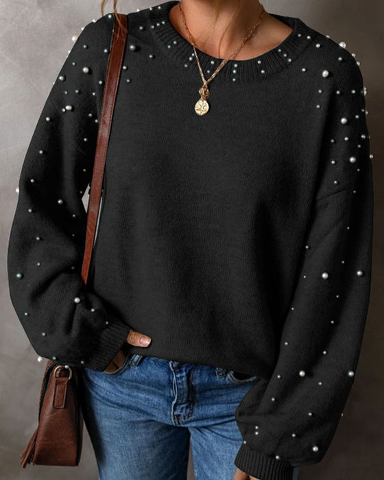 Pullover Med Perler Lange Ærme Rund Hals