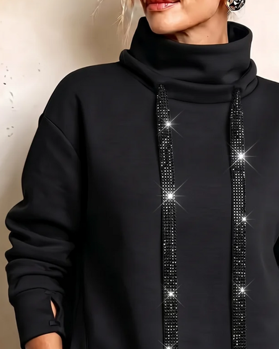 Sweatshirt Høj Hals Rhinestone Snøre
