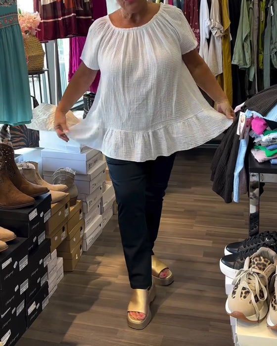 Bluse Rund Hals Rynket Afslappet Solid