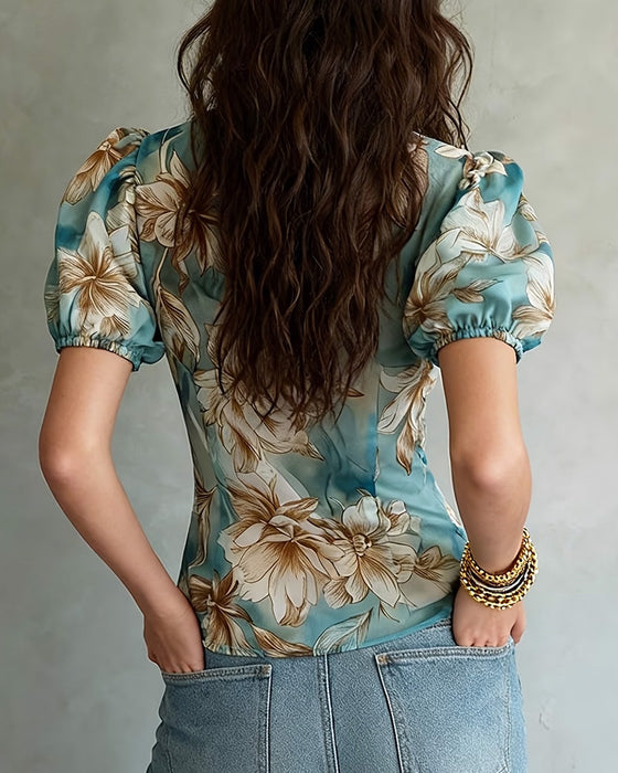 Bluse Med Krydser Blomstret Pufærme