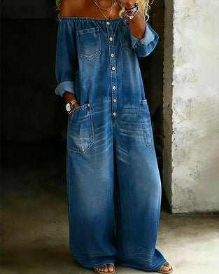 Bare Skulder Jumpsuit I Denim Med Vide Ben