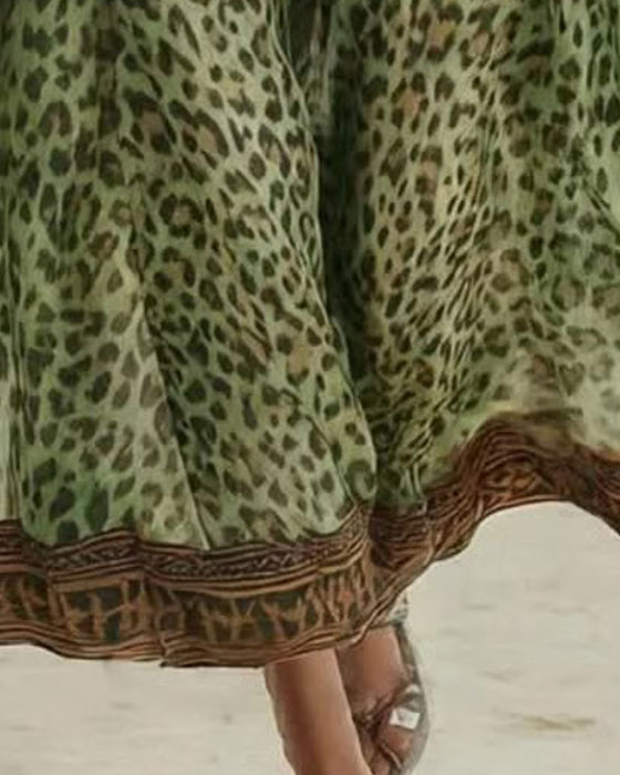 Kjole Leopardprint Halv Lynlås Ærmeløs Lang