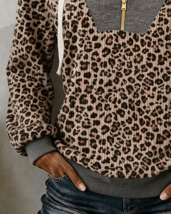 Hoodie Leopardtryk Spliced Halv Lynlås