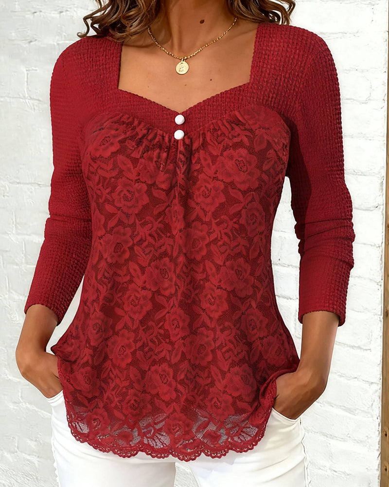 Langærmet Top Med Firkantet Halsudskæring Og Patchworkdetaljer