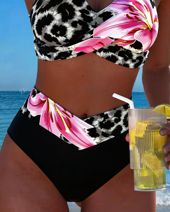 Bikini Leopard Tryk Blomstret Kontrastfarve