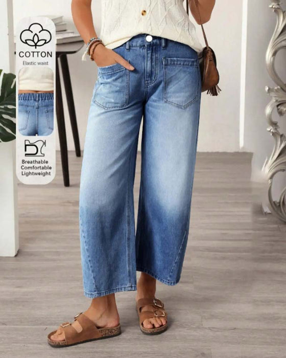 Jeans Denim Elastisk Talje Bredt Ben Croppet