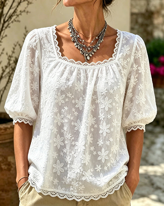 Bluse Med Firkantet Hals Puffærmer Jacquard