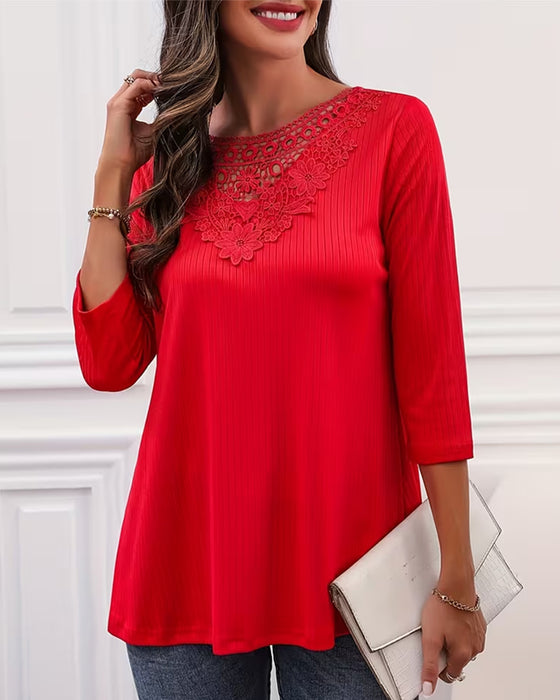 Top Ensfarvet Langærmet Elegant Patchwork