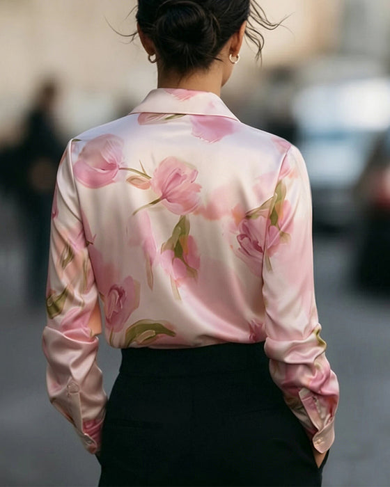 Bluse Revers V-Hals Blomstertryk Lang Ærme
