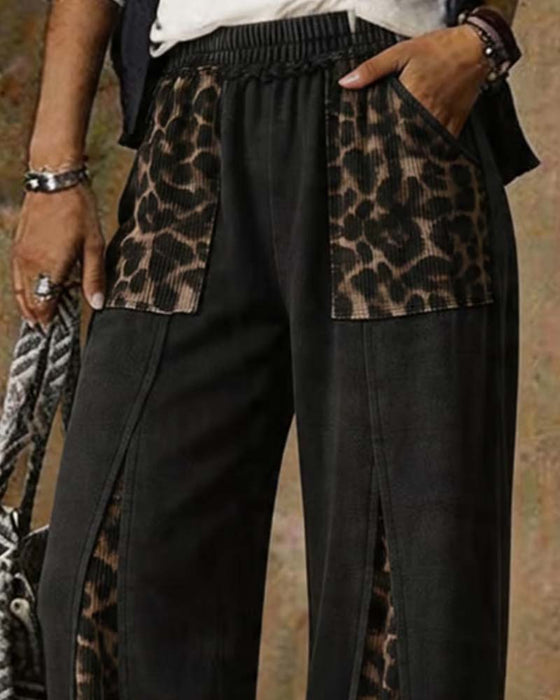 Bukser Leopardmønster Vide Patchwork Afslappet