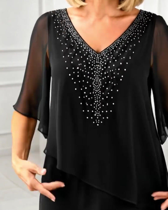 Kjole Afslappet V-Hals Rhinestone