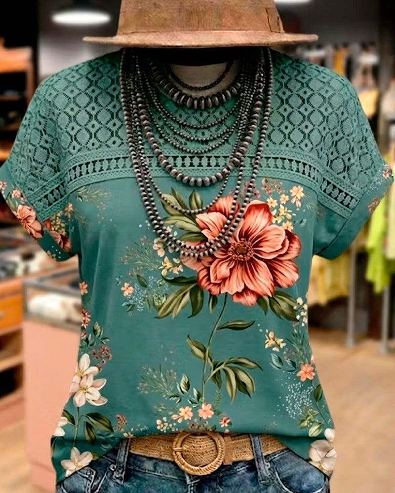 T-Shirt Udskæring Patchwork Kort Ærme