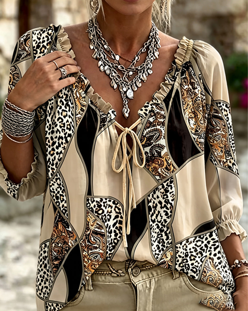 Bluse V-Hals Leopard Pufærme Bind