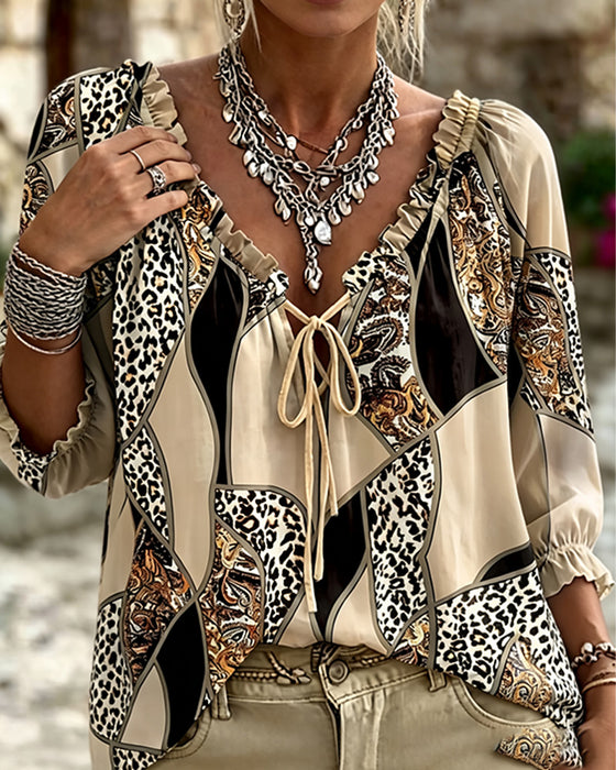 Bluse V-Hals Leopard Pufærme Bind