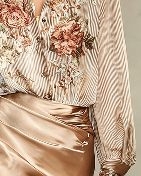 Bluse Revers Blomstret Stribe