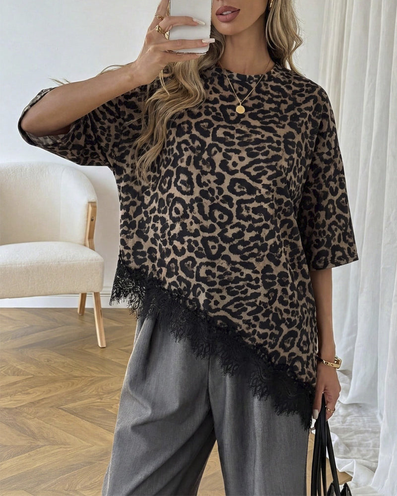 Bluse Asymmetrisk Blonde Sammensat Kant Korte Ærmer