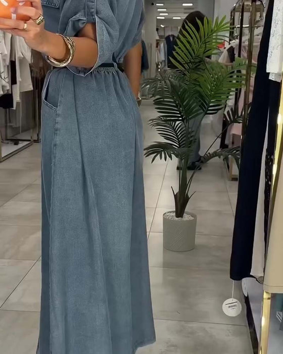 Kjole Skjorte Krave Lomme Knap Denim