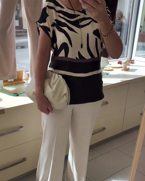 Bluse Rund Hals Geometrisk Patchwork Kort Ærme
