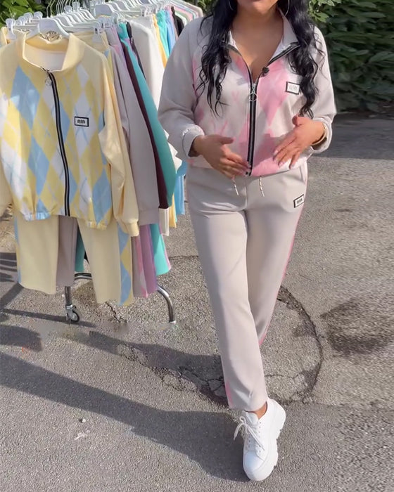 Todelt Sæt Ternet Top Med Lynlås Og Bukser