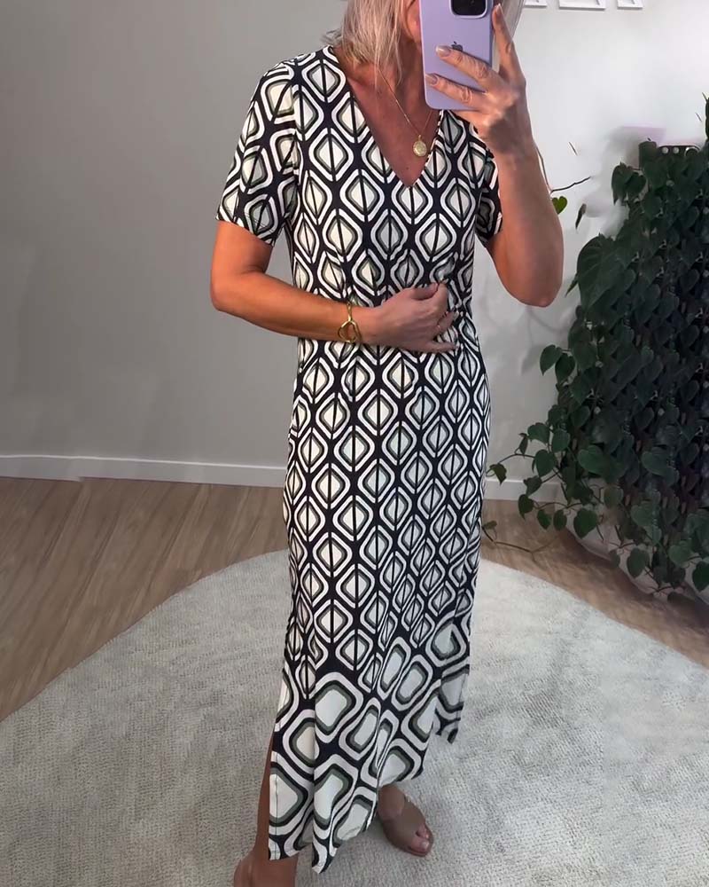 Kjole V-Hals Geometrisk Kortærmed