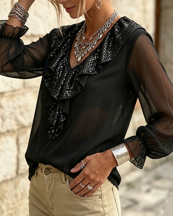Bluse Stilfuld V-Hals Blondekant Sheer